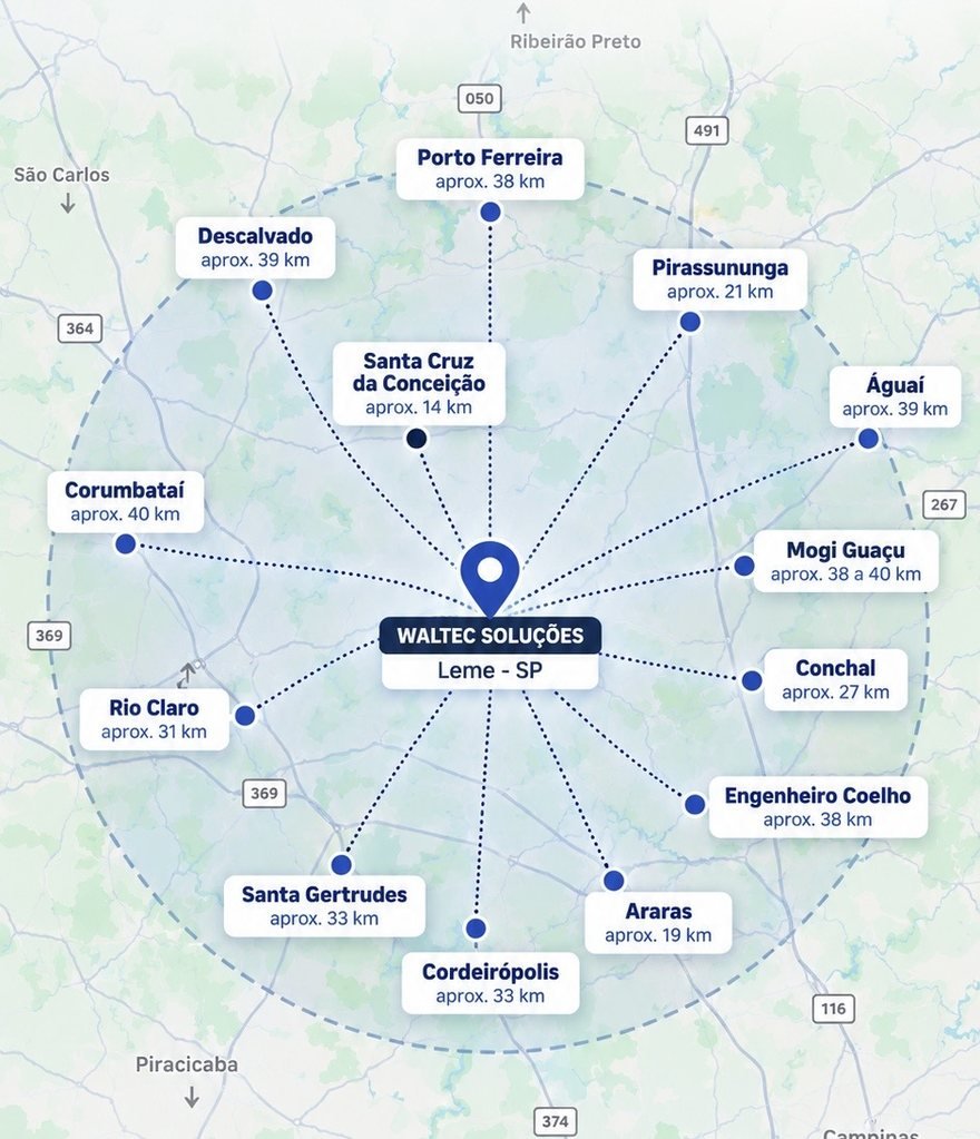 Mapa com Leme no centro e as cidades atendidas em um raio de 40 km